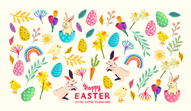 Bright Easter celebrations collection with eggs, rabbits and floral decorations! Vector illustration