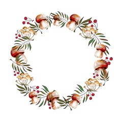 Poisonous and edible mushroom, organic porcini, chanterelle, amanita and poisonous fungus, isolated watercolor illustration. Forest wild mushrooms types. Frame