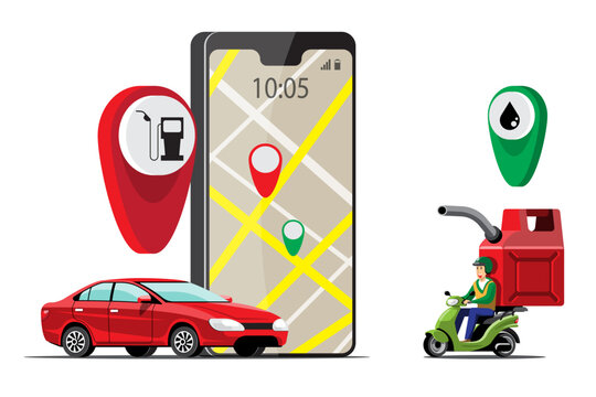 Big isolated Motorcycle vector colorful icons, illustrations of delivery by motorcycles through GPS tracking location. delivery bike,  fuels, gasoline  delivery, instant delivery, online delivery.