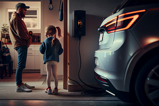 Electric vehicle recharging at home charging station using clean and renewable energy with blurred father and daughter walking in background for future renewable energy. Created with Generative AI te