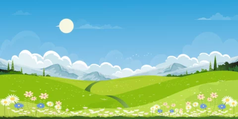 Fotobehang Spring green fields landscape with mountain,blue sky and clouds background,Panorama peaceful rural natural in springtime with green grass land. Cartoon vector illustration for spring and summer banner © Anchalee