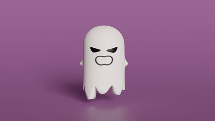 Cute ghost 3d illustration. Cartoon white ghost on a purple background. Halloween evil ghost. Aggressive ghost 4k. A ghost hovers in the air with black eyes.