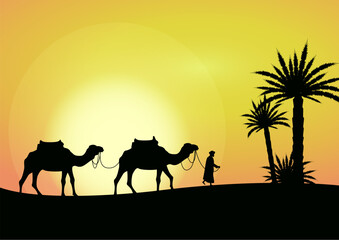 Fototapeta na wymiar camel caravan going through the desert and palm trees on beautiful sunset background