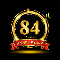 84th Anniversary logo design with golden ring and red ribbon for anniversary celebration event. Logo Vector Template Illustration
