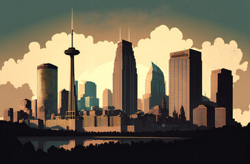 Fototapeta na wymiar city skylines, digital illustration painting artwork, poetic scenery background, Generative AI