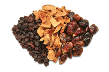 Dried raisins, apples, dates. Transparent PNG layer.