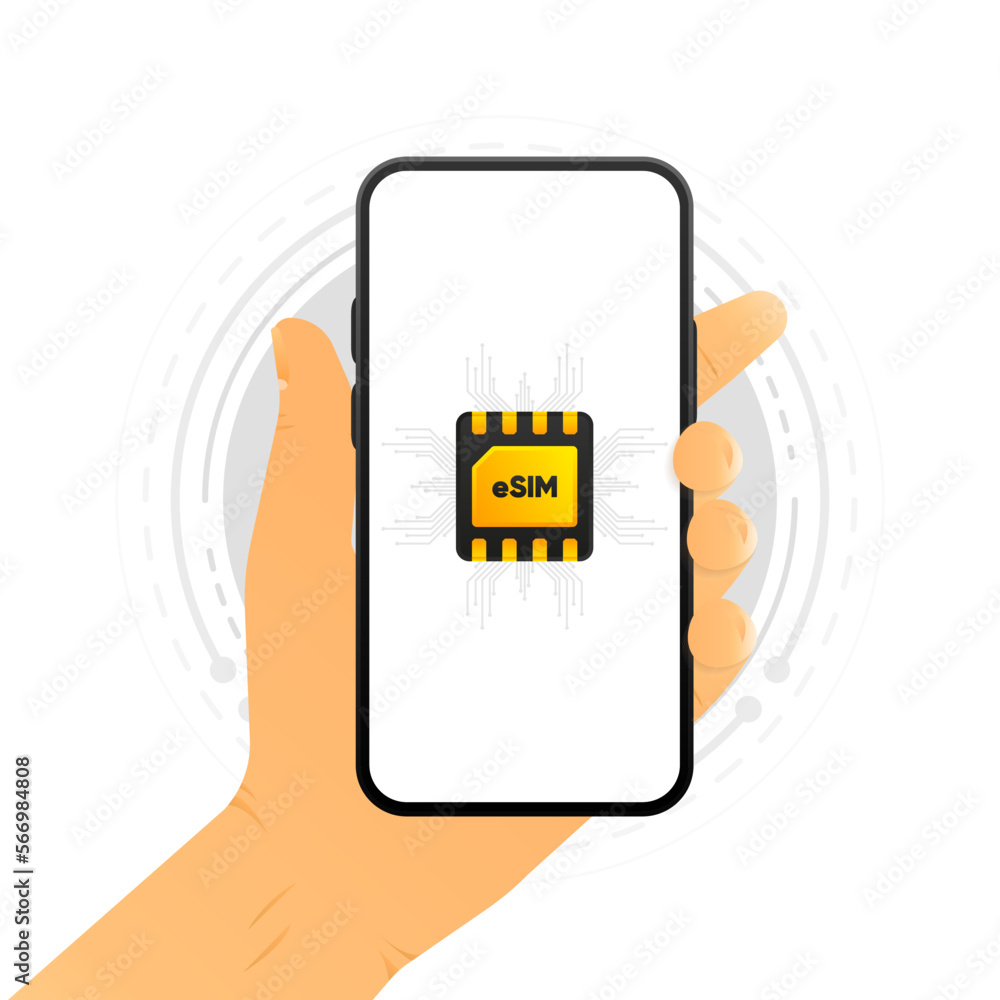 Poster esim modern chip. mobile device with a chip esim. embedded virtual sim. mobile communication technol