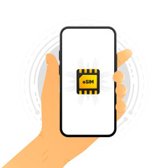 eSIM modern chip. Mobile device with a chip eSIM. Embedded virtual SIM. Mobile communication technology concept. Vector illustration.