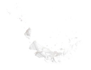Photo image of falling down snow, heavy big small size snows. Freeze shot on white background isolated overlay. Fluffy White snowflakes splash cloud in mid air. Real Snow high speed shutter