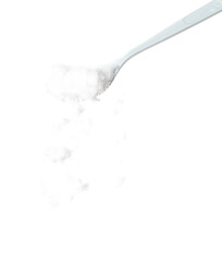 Refined Salt fall down pouring in plastic spoon, powder white salts explode abstract cloud fly. Small ground salt splash in air, food object element design. White background isolated high speed freeze