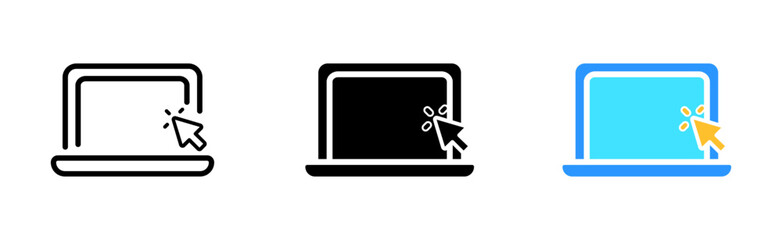 Laptop with click set icon. Screen, monitor, electronics, browser, internet, world wide web, data, knowledge. technology concept. Vector icon in line, black and colorful style on white background