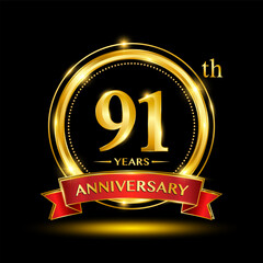 91th Anniversary logo design with golden ring and red ribbon for anniversary celebration event. Logo Vector Template Illustration