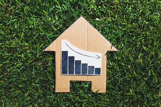 interest rates going down, text with graph showing stats decreasing and progress bar loading underneath