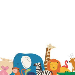 Banner with hand drawn colorful animals and empty space. Cute kids style template for design and education. Flat design vector illustration