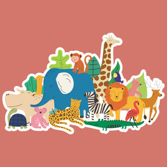 Sticker with hand drawn colorful animals. Cute kids style template for game and education. Flat design vector illustration