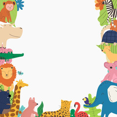 Fototapeta premium Banner with hand drawn colorful animals and empty space. Cute kids style template for design and education. Flat design vector illustration