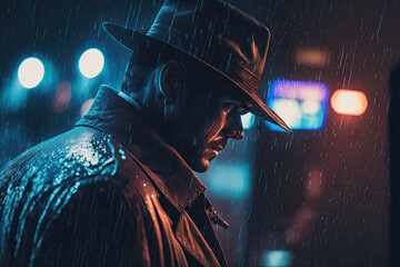 portrait of male detective in noir style in a raincoat and hat in a night city. Generative AI