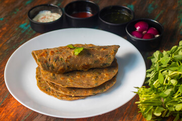 famous Indian flat bread "Methi Paratha".Made of fenugreek leaf and flour.   