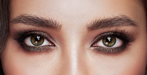 Naklejka premium Female Eye with Extreme Long False Eyelashes. Eyelash Extensions. Makeup, Cosmetics, Beauty. Close up, Macro
