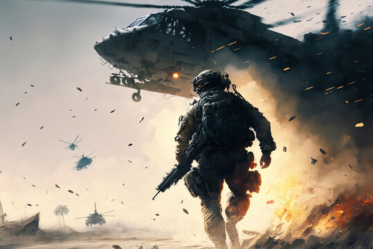 A Soldier with Gun in Front of Helicopter in War, Realistic Army Fight, Generative Ai