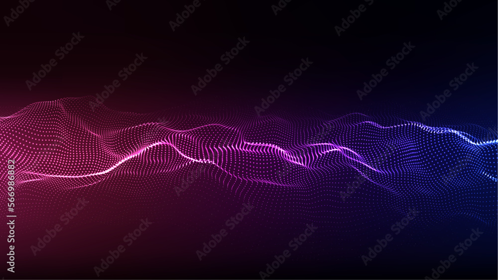 Fototapete Abstract technology wave of particles. Big data visualization. Vector background with motion dots and lines. Artificial intelligence.