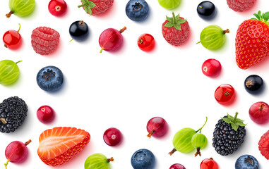 Fruits and berries frame isolated on white background, top view, flat lay
