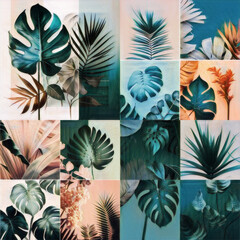 Floral background with tropical plants,palm tree on colorful background, illustration made with Generative AI