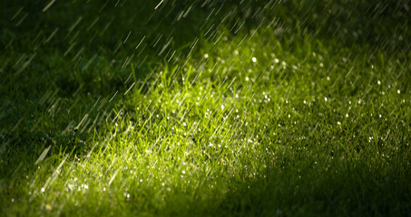 Raindrops fall on the green grass in the park.
