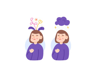 mental health. happiness and sadness. a woman who feels peace and a woman who feels anxious. flower grow on head and cloudy head. positive thoughts and negative thoughts. illustration concept design