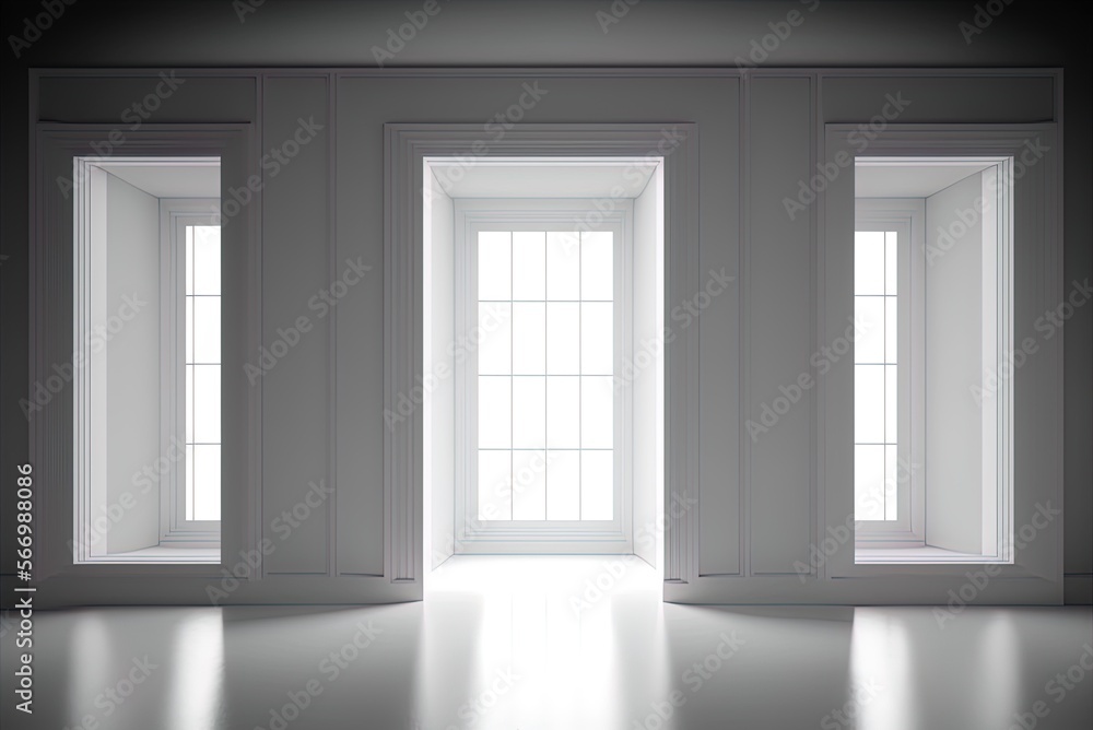 Poster hallway with white, illuminating windows serving as wallpaper and a blank place for text generative 