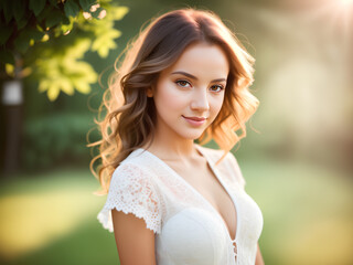 Naklejka premium Portrait of bride young beautiful woman on green blurred background. Generative AI