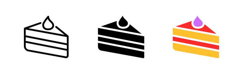 A piece of cake set icon. Dessert, sweet, tasty, like, cook, restaurant, eat, food, delicious. Eating concept. Vector icon in line, black and colorful style on white background