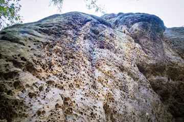 Panoramic birdview over monumental Bastei sandstone pillars near Kurort Rathen village in the national park Saxon Switzerland by Dresden and Elbe river, Saxony, Germany