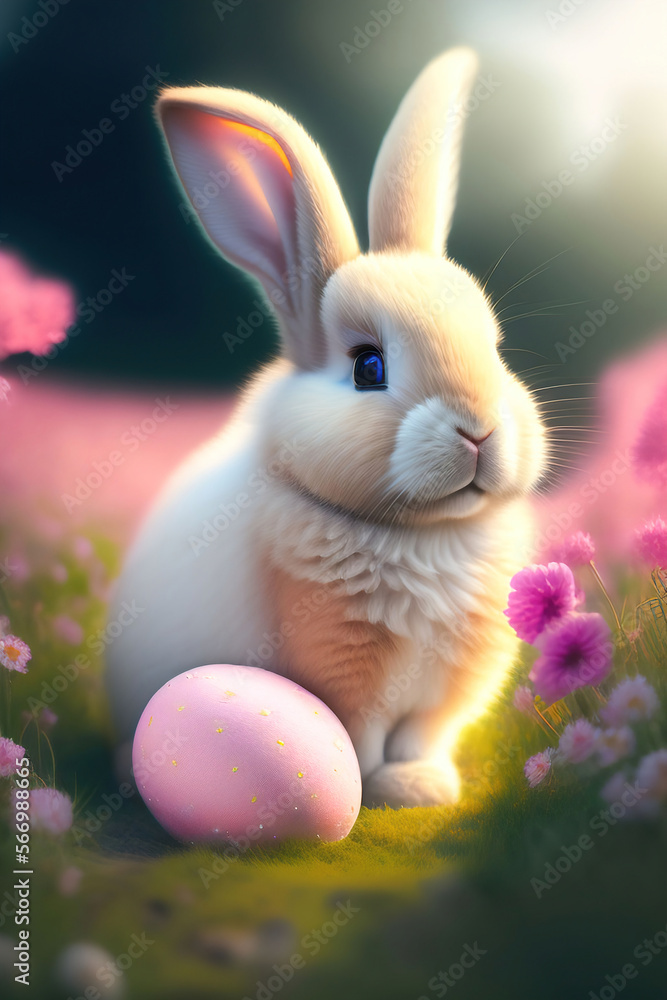 Poster images for easter holiday. pink rabbit in the grass on a flower meadow and colorful painted egg on a