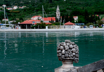 motor yachts and sailing boats view in Komolac Dubrovnik ACI Marina harbour, village , Church of...