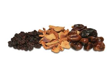 Dried fruits in assortment. Dried raisins, apples, dates. Transparent PNG layer.