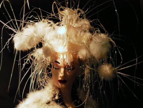 Thierry Muggler. Feather hats, rhinestone and stone jewelry. Fashion Haute couture 