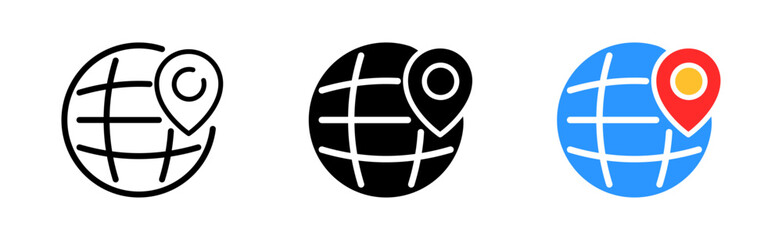 Geolocation set icon. Location, map pointer, planet, Earth, globe, orientation, travel, destination. Navigation equipment concept. Vector icon in line, black and colorful style on white background