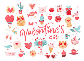 Valentine s day elements set with calligraphy, wedding and love concept. Vector illustration in flat cartoon style