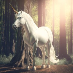 Beautiful unicorn in a forest. Magical white horse with golden horn in fairytale like woods, fantasy scene. Realistic illustration. Generative AI.