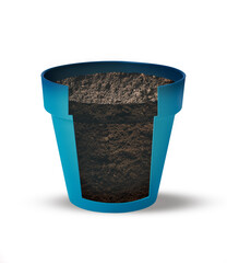 3d illustration of a cutaway flower pot. Cross section of a soil showing in a pot, isolated on a white background. - 566989816