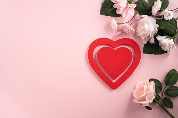 Valentine's Day and Mother's Day design concept background with pink flower and gift on pink background.