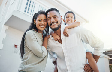 Mother, father and child with smile for new home, property or real estate family time outside the...