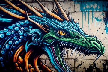 Face and Neck of a Blue Graffiti Dragon Roaring, Generative Ai, Generative, Ai