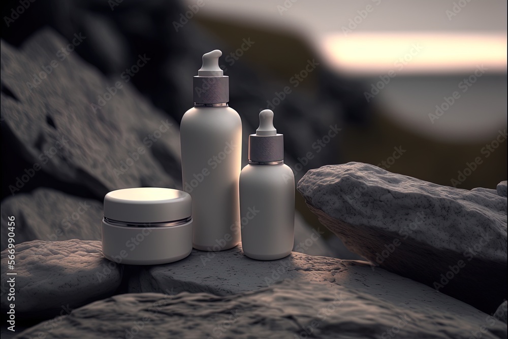 Poster cosmetics bottles on a boulder generative ai
