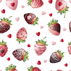 Seamless texture with chocolate covered strawberries on a white background. Romance, valentines day, sweet gift. Suitable for wrapping paper, textile, wallpaper.