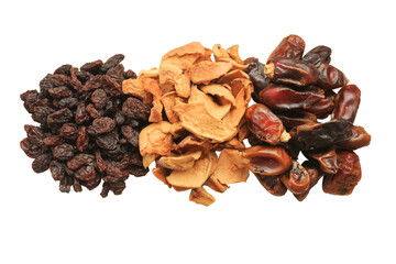 Dried fruits in assortment. Dried raisins, apples, dates. Transparent PNG layer.