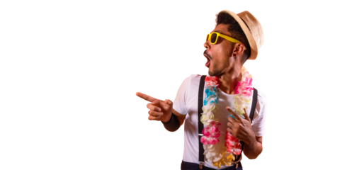 Portrait of Black Man With Carnival Props Isolated on Orange Background.