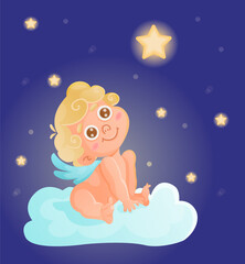 Cute cartoon cupid is sitting on the cloud and watching the bright star. Night vector illustration.
