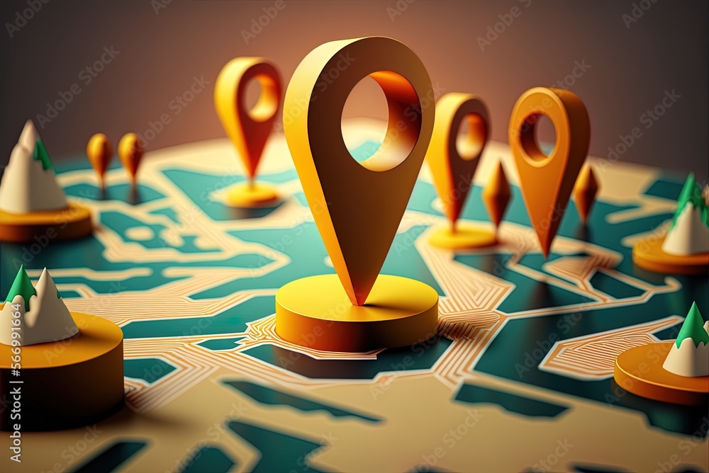 Poster an on-screen pin indicating a specific location on a map, with an arrow pointing in the direction th